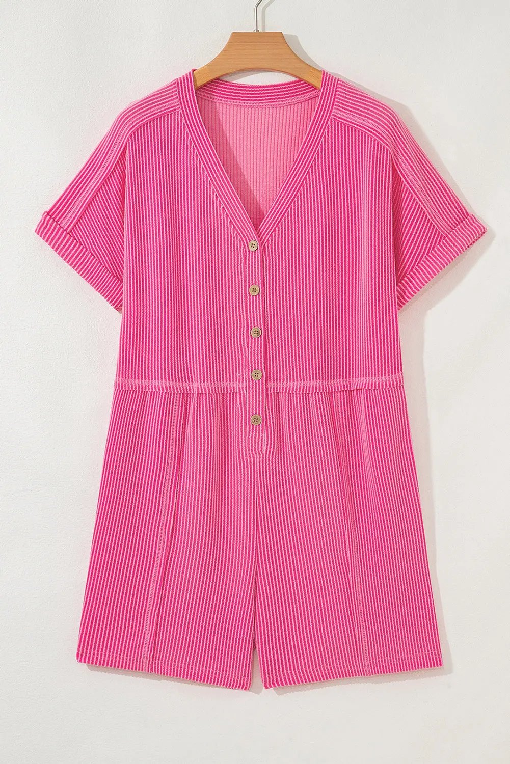 Bright Pink Spiral Ribbed Short Sleeve V Neck Buttoned Romper with Pocket Love Salve